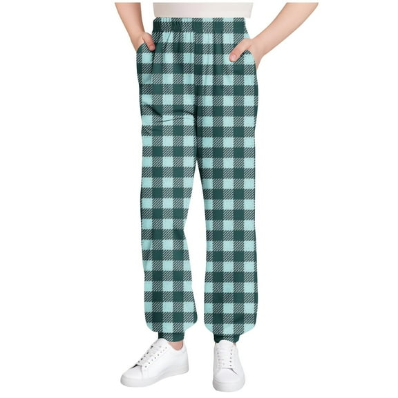 bbymog Girl Pants Fashion Plaid Printed Elastic Waist Sweatpants Casual Athletic Boys Pants Size 10-12 with Pocket Navy F 130