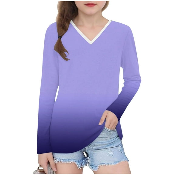 bbymog Girl'S Long Sleeve T Shirts Fashion Gradient Printed V Neck Basic Tee Tops Casual Shirts for Girls Purple E 3 Years