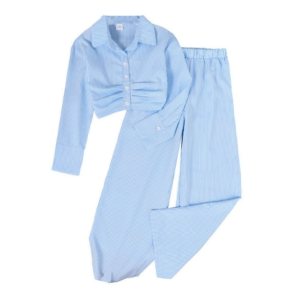 bbymog Girls 2 Piece Outfit Strip Long Sleeve Button Down Shirts and Elastic Waist Pants Set Fall Kids Clothing Sets Size 8-13 Sky Blue 12-13 Years