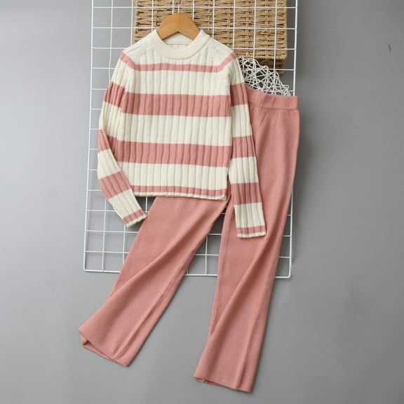 bbymog Girls 2 Piece Outfits Fall and Winter Strip Knitted Pullover Sweater and Elastic Waist Pants Set Cute Clothes for Girls Pink 8 Years