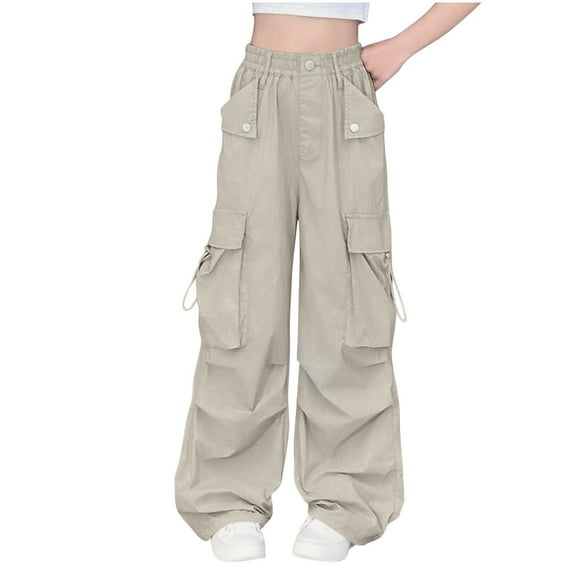 bbymog Girls Cargo Pants with Multi-Pocket Street Style Solid Color Elastic Waist Pants for Teen Girl Casual Sweatpants Khaki-4 11 Years