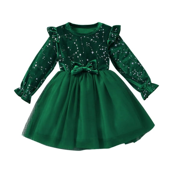 bbymog Girls Dress Fluffy Long Sleeves Sequin Princess Dresses Cotton Birthday Graduation Dress for Girls with Belt Green C 1-2 Years