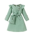 thumbnail image 1 of bbymog Girls Fall Dress Solid Color Crewneck Flutter Sleeve Dresses for Girls with Belt Shoulder Bag Green 5-6Years, 1 of 5