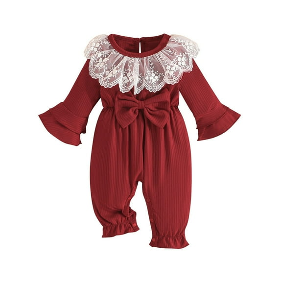 bbymog Girls' Fashion Baby Romper Cotton Long Sleeve Baby Onesie Round Neck Bowknot Baby Bodysuit Jumpsuit Fall Toddler Girl Clothes Size 0-1 Years Red 9 Months