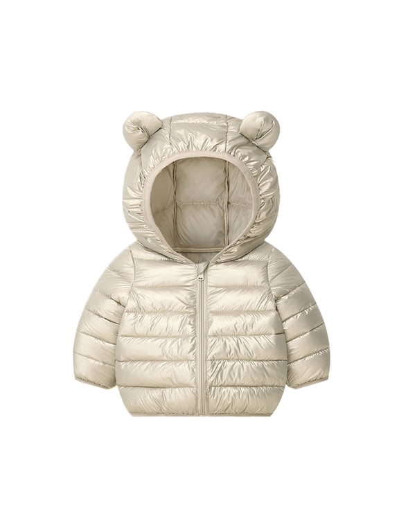 Girls' Fashion Cute Bear Ears Puffer Jacket with Hood Winter Warm Fleece Zip up Baby Jacket Coat Baby Clothes for Girls Khaki B 6 Years