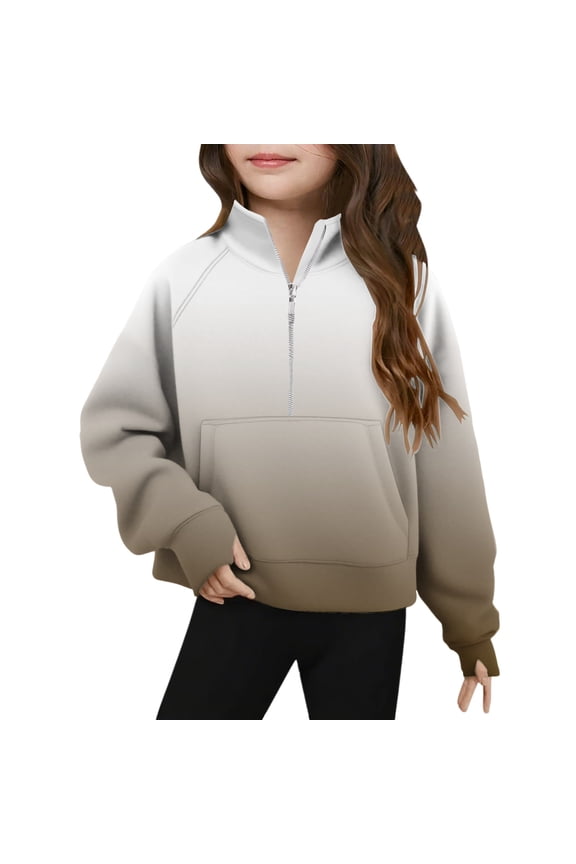 Girls' Fashion Gradient Sweatshirt Long Sleeve Half Zip Pullover Crop Tops Fall and Winter Casual Girls Sweatshirt with Pocket Brown F 9 Years