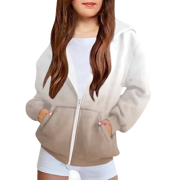 bbymog Girls Fashion Gradient Zip Up Hoodie Jacket Fall Long Sleeve Sports Jackets for Girls with Pocket Boys' Outerwear Coat Beige 5 Years