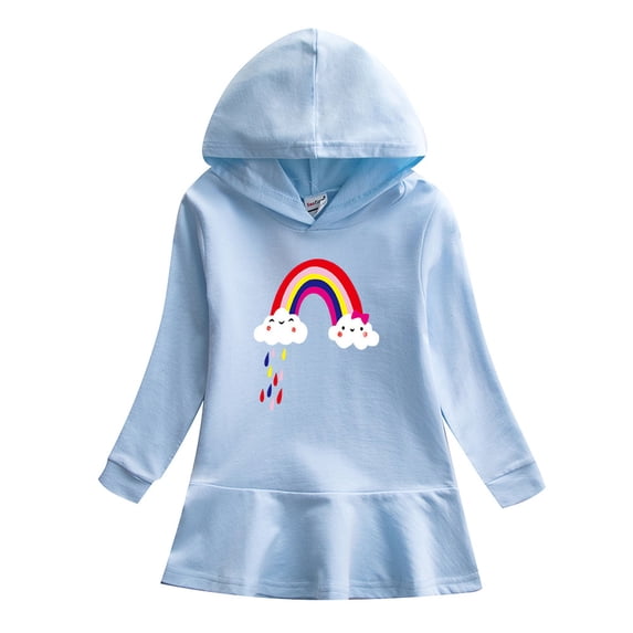 bbymog Girls' Fashion Graphic Hoodies Dress Long Sleeve Pullover Hooded Sweatshirt Fall Cotton Casual Sports Girls Clothes Blue 5-6Years