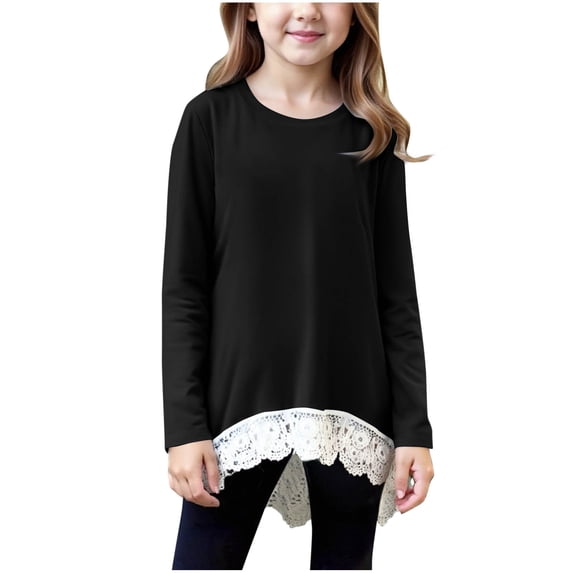 bbymog Girls' Fashion Lace Shirts Crewneck Long Sleeve Pullover Tops for Girls Sweatshirt Black 6-7Years