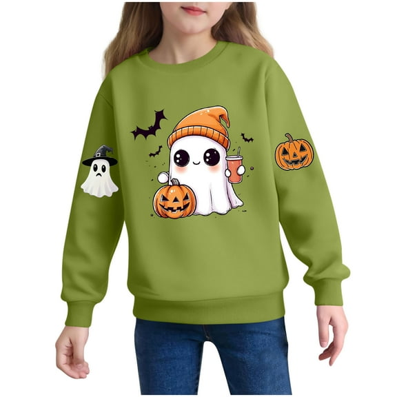 bbymog Girls' Fashion Pumpkin Graphic Sweatshirt Halloween Crewneck Pullover Top Long Sleeve Sweatshirts for Girls Green D 4Y