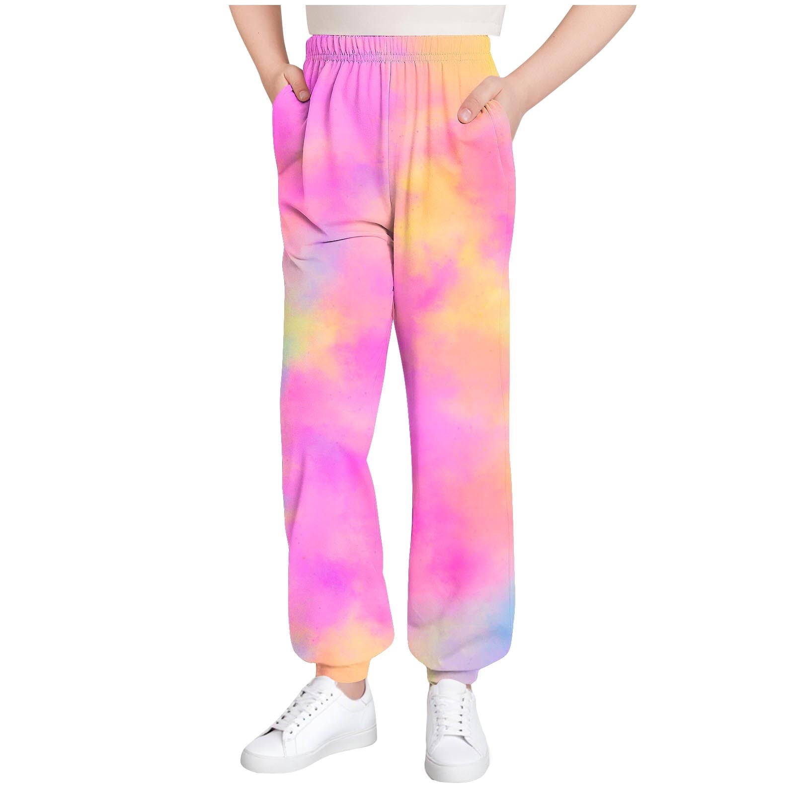 Fleece Sweatpants Joggers Rose Crush Pink and White Tie-Dye