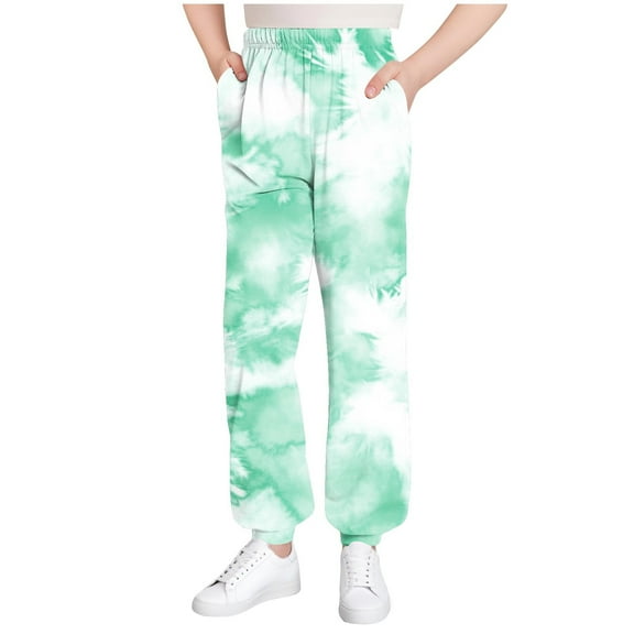 bbymog Girls' Fashion Tie-Dye Sweatpants with Pocket Casual Elastic Waist Straight Joggers Fall Workout Girl Pants White D 160