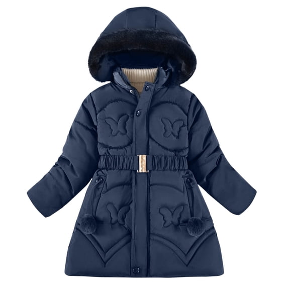 bbymog Girls Jacket Parka Solid Color Thick Warm Hooded Jackets with Pocket Girls Winter Coat Outerwear Navy B 140