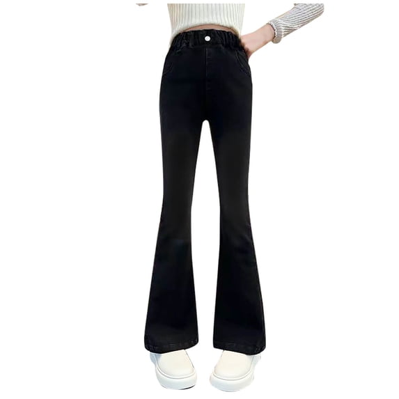 bbymog Girls' Jeans Slim Fit Straight Elastic Waist Flare Denim Pants for Girls Black B 14 Years