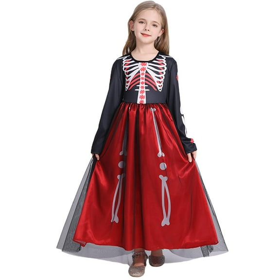 bbymog Girls Maxi Dress Halloween Costumes Crewneck Long Sleeve Performance Dresses for Girls Clothes Red C 5 Years