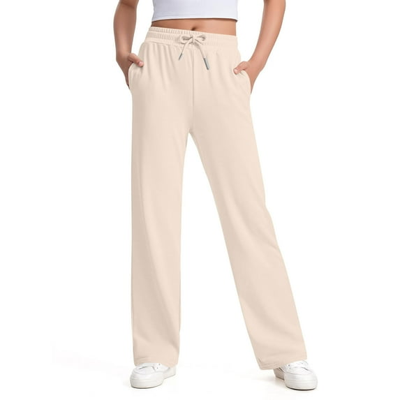 bbymog Girls Pants Solid Color Elastic Waist Straight Sweatpants with Pocket Casual Clothes for Girls 10-12 Beige 140