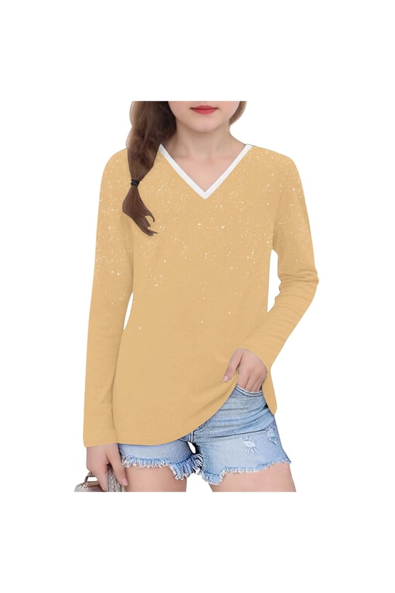 Girls Shirts V Neck Long Sleeve Pullover Tops Solid Color Casual Girls Tshirts Beige 11 Years