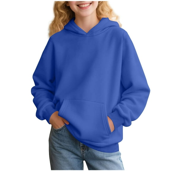 bbymog Girls' Solid Color Hoodie Fall Long Sleeve Pullover Hoodies with Pocket Casual Tops for Teen Girls Blue B 14 Years