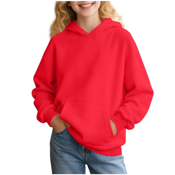 bbymog Girls' Solid Color Hoodie Fall Long Sleeve Pullover Hoodies with Pocket Casual Tops for Teen Girls Red B 13 Years