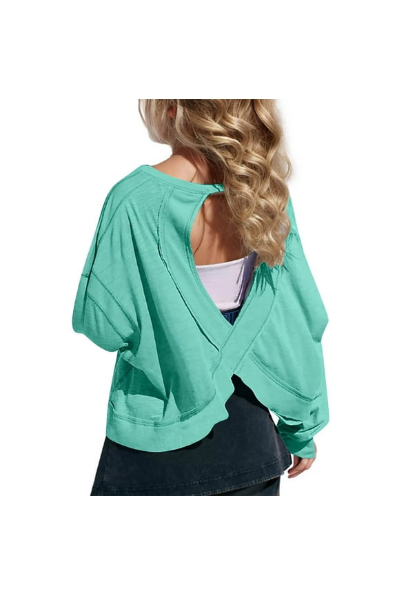 Girls Sweatshirt Casual Athletic Backless Pullover Tops Solid Color Long Sleeve Sweatshirts for Teen Girls Green 9 Years
