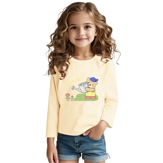 bbymog Girls T Shirts Long Sleeve Cotton Shirt Fall Casual Pullover Tops for Girls Baby Clothes Yellow 2 Years