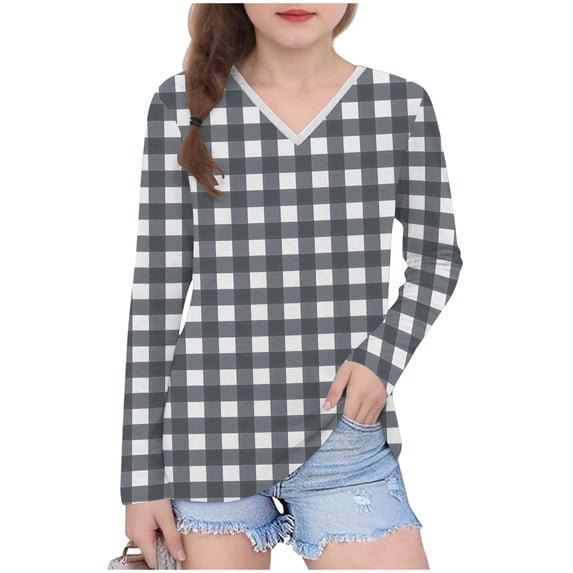 bbymog Girls' Tops, Tees & Blouses Fashion Plaid V-Neck Tshirts Casual Long Sleeve Shirts for Girls Dark Gray E 9 Years