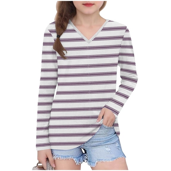 bbymog Girls Tshirts Fashion Stripe Long Sleeve Shirts Casual V Neck Pullover Tops for Girls Pink 7 Years