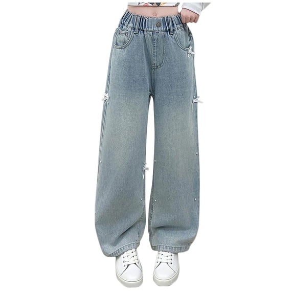 bbymog Girls Wide Leg Jeans with Pocket Casual Loose Straight Bowknot Denim Pants for Girls Blue-2 130