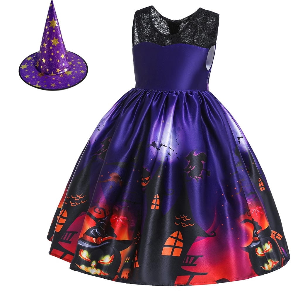 Girls Neon Witch Costume Dress with Hat main image 1