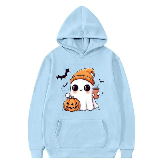 bbymog Halloween Girls Hoodies Size 10-12 Boys' Fashion Spooky Long Sleeve Pullover Tops Fall Winter Girls Hoodie with Pocket Light Blue 140