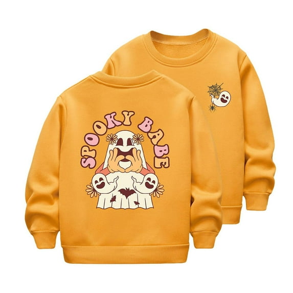 bbymog Halloween Girls Sweatshirt Crewneck Long Sleeve Pullover Tops Girls' Fashion Cute Spooky Shirts for Girls Yellow K 140
