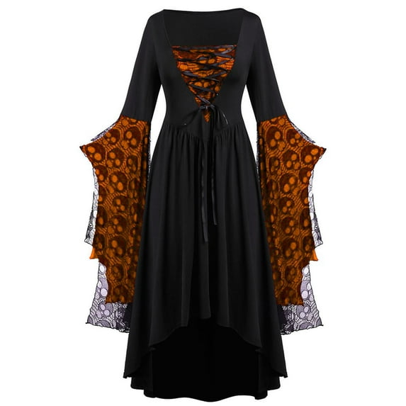 bbymog Halloween Gothic Dresses for Girls Medieval Vintage Lace Bell Sleeve Dress High Low Party Dresses for Kids Orange 8-9Years
