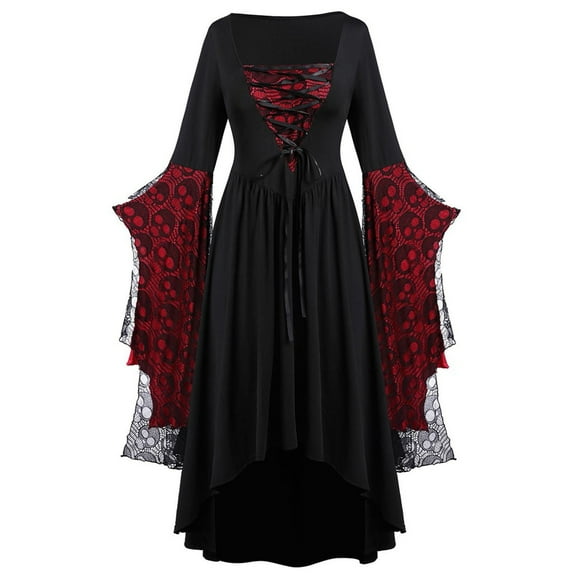 bbymog Halloween Gothic Dresses for Girls Medieval Vintage Lace Bell Sleeve Dress High Low Party Dresses for Kids Red 12-13Years