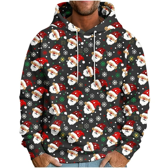 bbymog Hoodie Men Christmas Printed Drawstring Long Sleeve Oversized Pullover Tops Workout Hooded Sweatshirts with Pocket Multicolor B XXXL