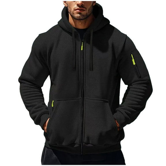 bbymog Hoodies for Men Solid Color Hooded Winter Jacket Long Sleeve Full Zip Outerwear with Drawstring for Outdoor Workout Sports Black C XL