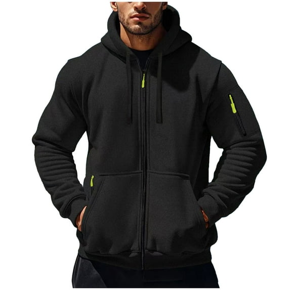 bbymog Hoodies for Men Solid Color Hooded Winter Jacket Long Sleeve Full Zip Outerwear with Drawstring for Outdoor Workout Sports Black C XXL