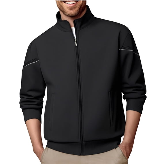 bbymog Jacket for Men Plus Size Solid Color Sweatshirt Full Zip Coat Long Sleeve Stand Up Collar Winter Jackets for Men Black B XL