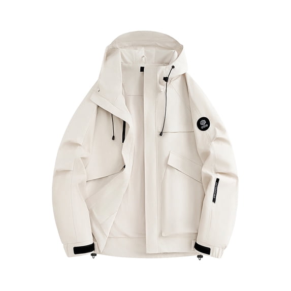 bbymog Jacket for Men Solid Color Full Zip Hooded Raincoat Plus Size Long Sleeve Casual Windbreaker with Pockets White XXL