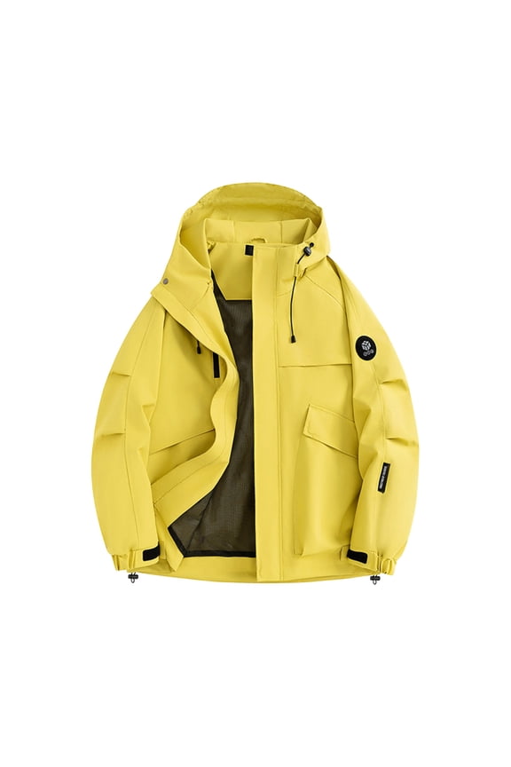 Jacket for Men Solid Color Full Zip Hooded Raincoat Plus Size Long Sleeve Casual Windbreaker with Pockets Yellow M