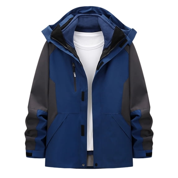 bbymog Jackets for Men Casual Patchwork Winter Coat Long Sleeve Zip Up Hooded Jacket Stand Collar Outerwear with Pockets Navy L