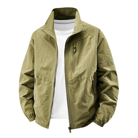 bbymog Jackets for Men Lightweight Stand Up Collar Sport Coat Solid Color Casual Outerwear Fashion Plus Size Winter Jocket with Pockets Khaki A M
