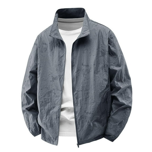 bbymog Jackets for Men Solid Color Outdoor Sun Protection Coat Long Sleeve Stand Collar Zip Up Plus Size Outerwear for outdoor Dark Gray XL