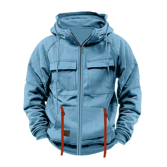 bbymog Jackets for Men Solid Color Zip Up Vintage Workwear Long Sleeve Hooded Oversized Casual Outerwear with Pocket Light Blue S
