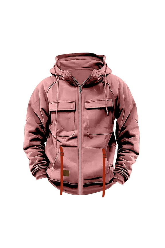 Jackets for Men Solid Color Zip Up Vintage Workwear Long Sleeve Hooded Oversized Casual Outerwear with Pocket Pink M