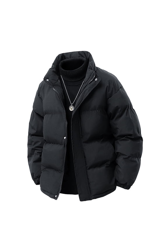 Jackets for Men Stand Up Collar Long Sleeve Down Jacket Solid Color Puffy Winter Coat for Running Travel Outdoor Black M
