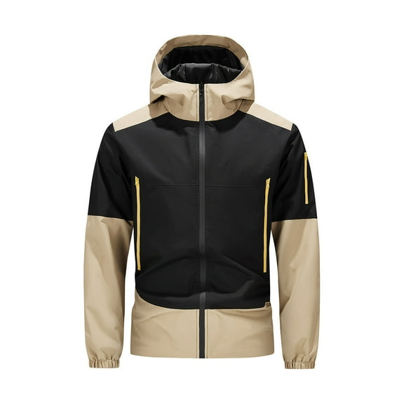 bbymog Jackets for Men Stand Up Collar Winter Coat Long Sleeve Zip Up Hooded Jacket Patchwork Casual Outerwear with Pockets Khaki XL