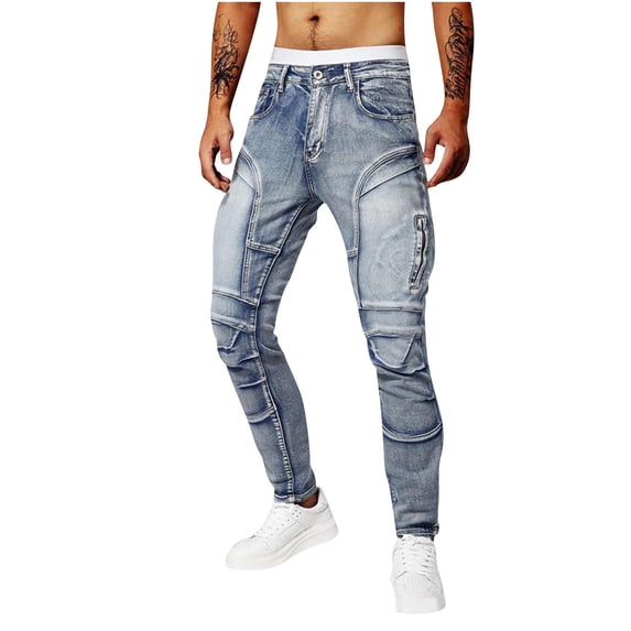 bbymog Jeans Men Fashion Printed Slim Fit Casual Denim Pants Motorcycle Streetwear Y2K Oversized Sweatpants with Pockets Light Blue C 31