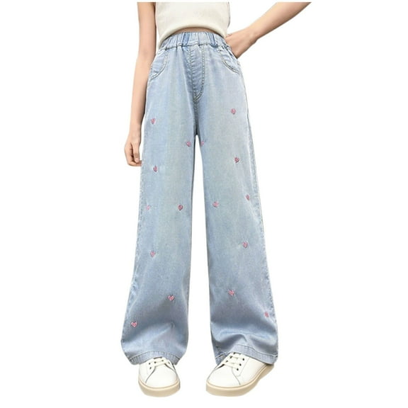 bbymog Jeans for Teen Girls Casual Loose Straight Wide Leg Denim Pants with Pocket Teen Girl Clothes Blue-6 140