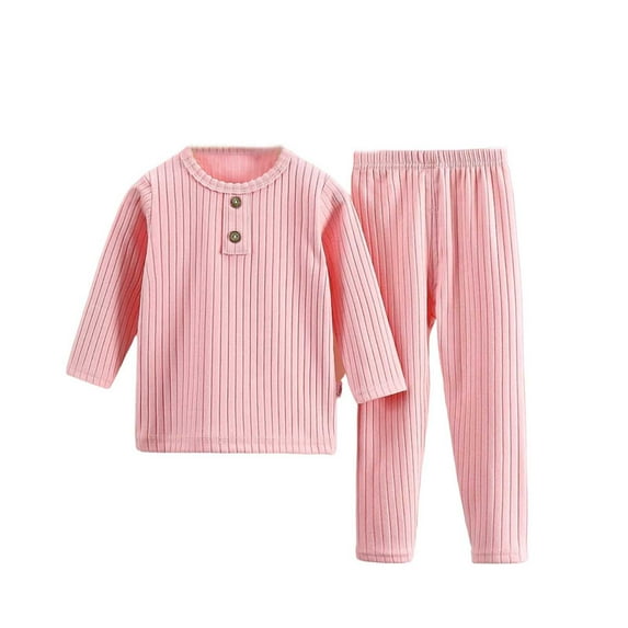 bbymog Kids Clothes Girls Pajama Set 2 piece Solid Color Crewneck Pullover Tops and Pants Suit Nightwear Boys Outfits Pink 110