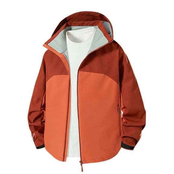 bbymog Lightweight Rain Jacket Men Solid Color Outdoor Hooded Windbreaker Jackets Long Sleeve Lapel Sport Coat with Pockets Orange B L